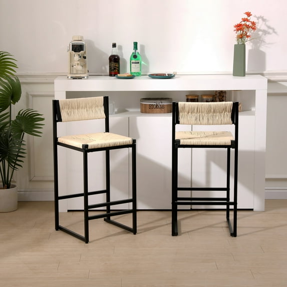 Set of 2 Hand Weave Bar Stools with Back Counter, Height Bar Chairs with Paper Rope Weave Seat, Handcrafted Chairs for Kitchen, Home & Office (Creamy White)