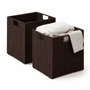 Set of 2 Hand-Woven Paper Rope Wicker Baskets, Storage Basket, Foldable Cube Storage Bins, Black Storage Cubes, Square Baskets for Organizing Shelves Decor, 12x12x12in