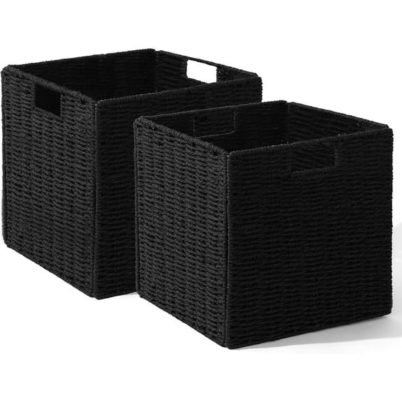 Set of 2 Hand-Woven Paper Rope Wicker Baskets, Storage Basket, Foldable Cube Storage Bins, Black Storage Cubes, Square Baskets for Organizing Shelves Decor, 12x12x12in