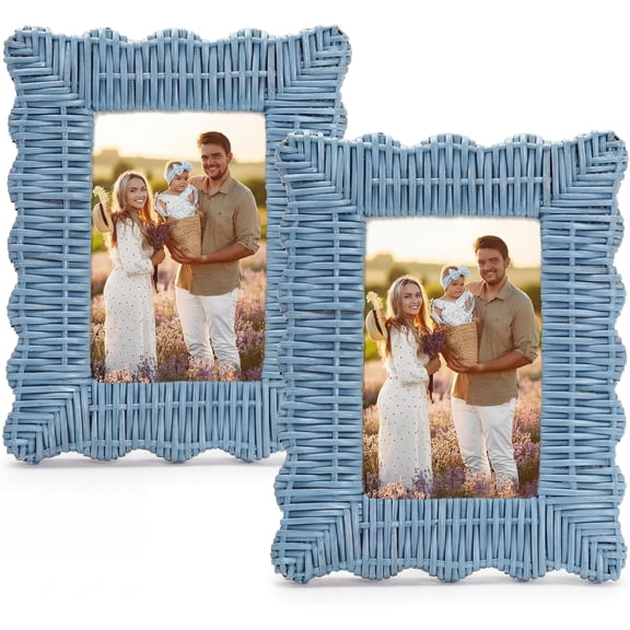 Set of 2 Handmade Blue Rattan Picture Frames 4'' x 6'' Wavy Edge Boho Photo Frame for Nautical Beach Themed Home Room Office Desk Display Coastal Decoration$$Home Decor, Kitchen, & Other