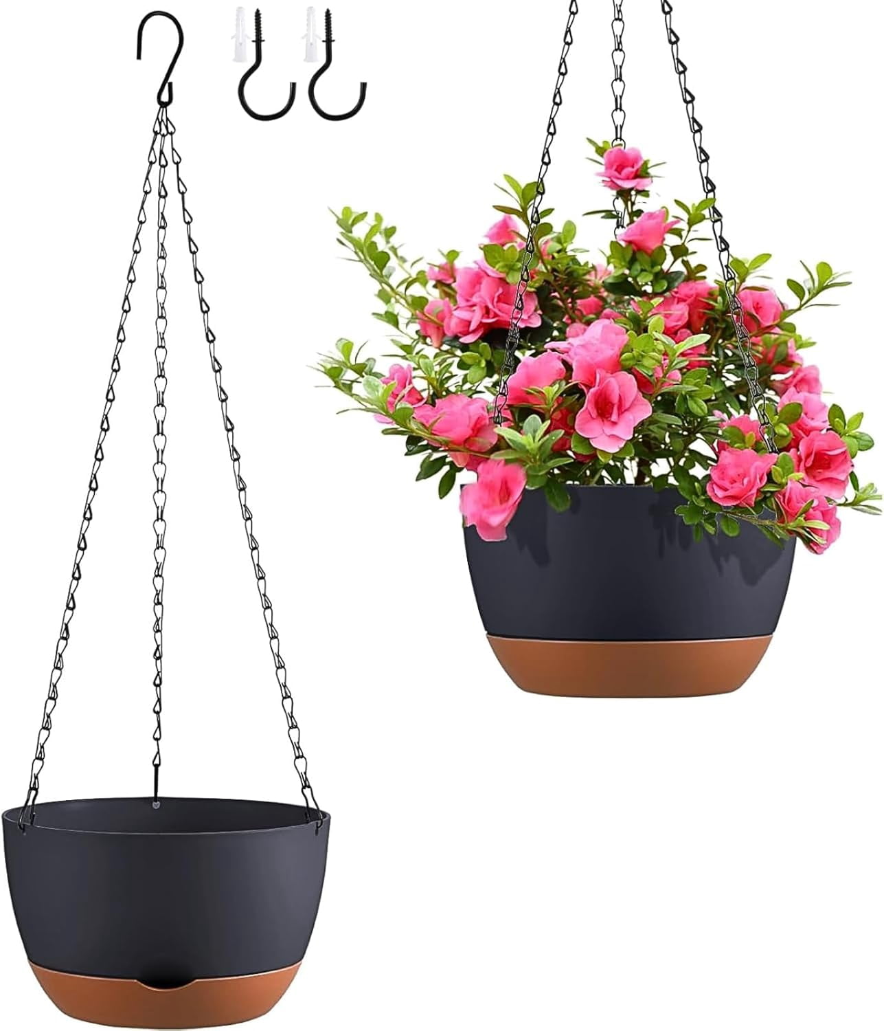Set of 2 Hanging Planters for Indoor Outdoor Plants, 10 Inch Self-Watering Hanging Flower Pots with Drainage Hole & Removable Water-Storage Tray (Hooks)
