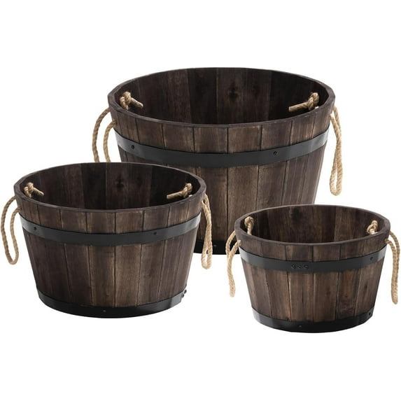 Set of 2 Hardwood Outdoor Flower Box, Durable Acacia Wood Flower Boxes for Outdoor Plants with Ergonomic Handles, Drainage Holes, Multiple Sizes Wood Bucket Planter for Home Décor