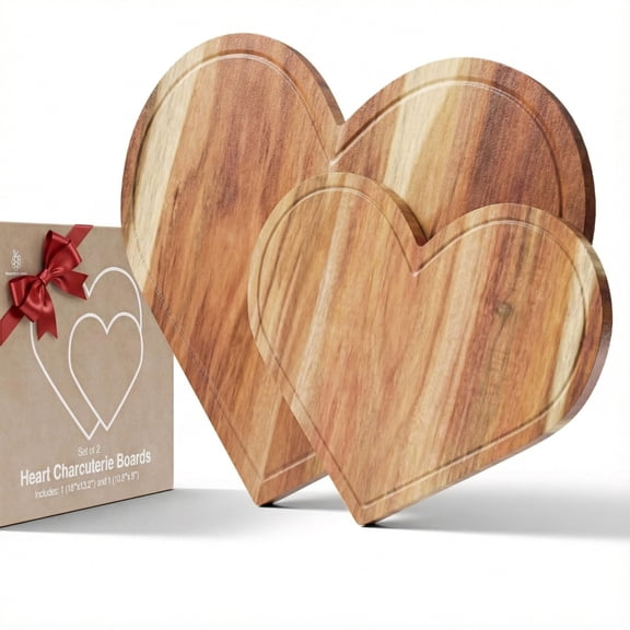 Set of 2 Heart Charcuterie Boards - Acacia Wood Cutting Heart Shaped Charcuterie Board, Wooden Serving Tray, Plates, or Platter Valentines Gifts Valentine's Decor for Romantic Dinner