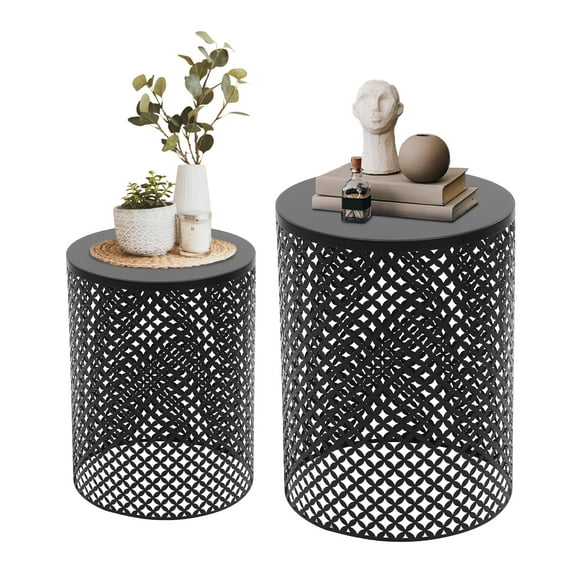 Set of 2 Heavy-Duty Metal Round Side Tables - Indoor/Outdoor Coffee Table, End Table, or Garden Stool for Patio, Living Room, and Garden Decor (Black)