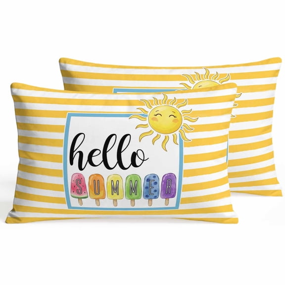 Set of 2 Hello Summer Pillow Covers 12x20 Inch, Yellow Stripes Rainbow Ice Cream Sunshine Cartoon Decorative Throw Pillow Cases Cotton Cushion Covers for Sofa Couch Bed Living Room Bedroom Home Decor