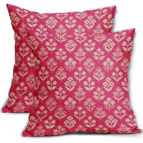Set of 2 Hot Pink Cream Block Print Pillow Covers 20x20 Inch, Vintage Floral Spring Decorative Throw Pillow Cases Boho Rustic Cushion Covers for Farmhouse Sofa Couch Bed Decor