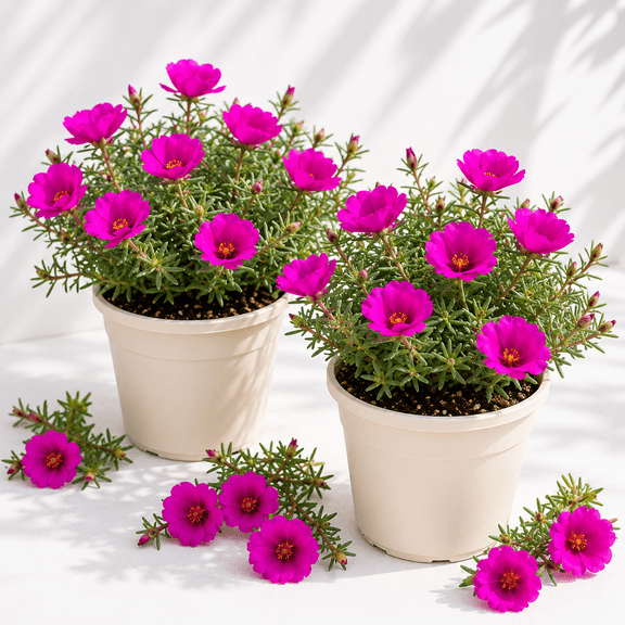 Set 2 Hot Pink Samba Portulaca Plants for Planting, Samba Hot Rose, Moss Rose Plant, Portulaca Ground Cover Flowers, 4-8 Inch Tall, No Pot