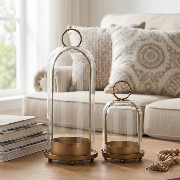 Set of 2 Hurricane Candle Holders with Glass Dome & Brass Metal Base, 5" & 4" Wide Versatile Glass Candle Holders for Pillar Candles Plants Wedding Home Decor