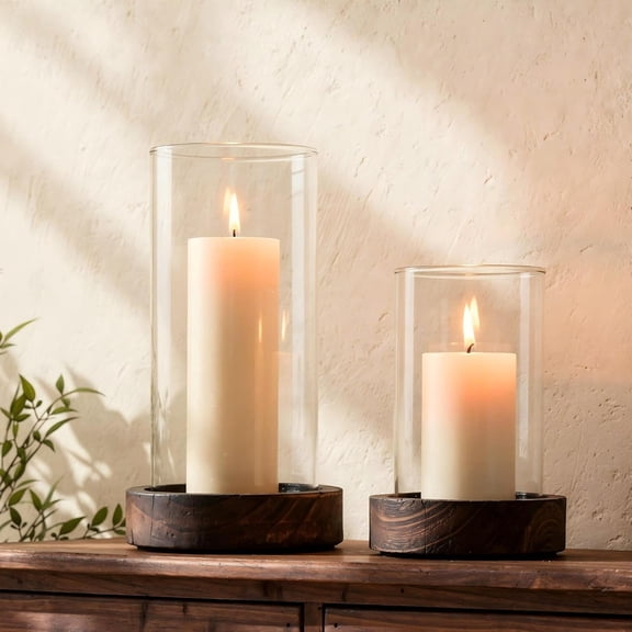 Set of 2 Hurricane Candle Holders with Wood Base & Glass Cylinder (4.2x5.9” & 4.6x7.8”) – Rustic Wooden Candle Holders for Home Decor, Weddings, Table Centerpieces (2, Brown)