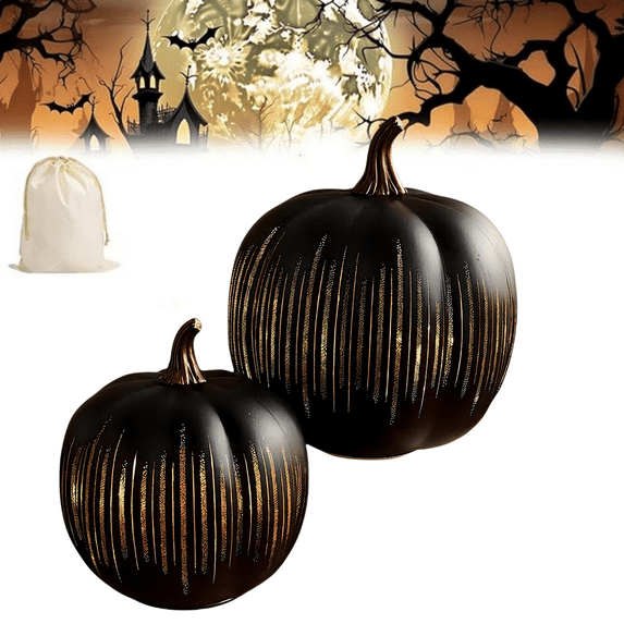 Set of 2 Illuminated Starry Night Glass Pumpkins, Twinkle Light Pumpkins, Fall Halloween Timer Lighted Sparkling Pumpkin Decorations Lamp With Storage Bag for Home Bedroom Bathroom Hallway(Black,M+L)