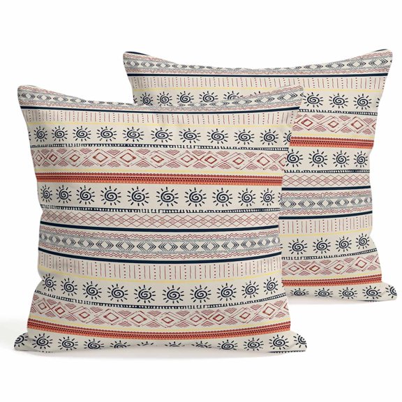 Set of 2 Indian Geometric Pillow Covers 18x18 Inch, Lines Dots Sun Hand Drawn Overlay Decorative Throw Pillow Cases Cotton Cushion Covers for Sofa Couch Bed Living Room Bedroom Home Decor
