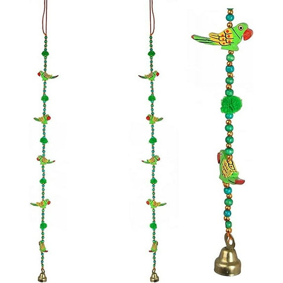 •Set of 2 Indian Traditional Door Hanging 5 Wooden Birds Tota Parrot String with Bell, Decoration for home Wall Temple Bedroom kids room Décor, Gifting ( Size :- 30" Approx)