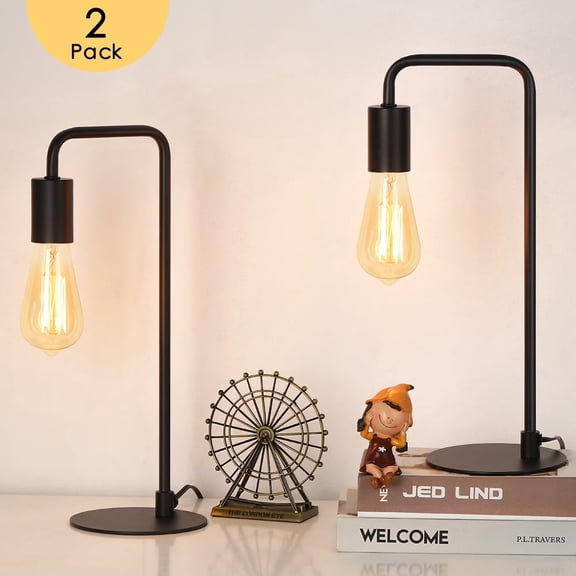 Set of 2 Industrial Black Metal Desk Lamps, Modern Curved-Arm Bedside Lamps with E26 Socket, Vintage Edison Table Lights for Bedroom Living Room Office