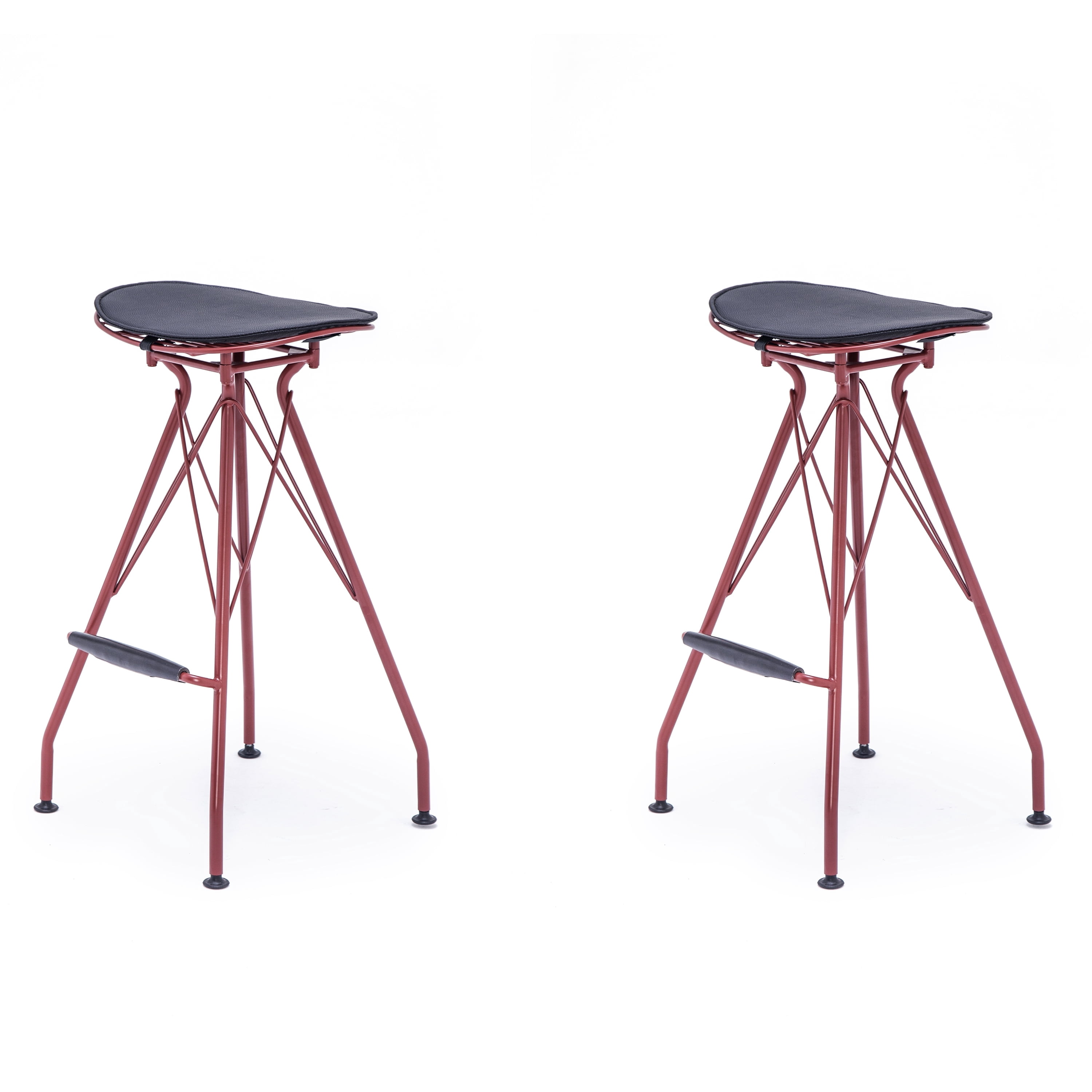 Set of 2 Industrial Counter Height Bar Stools, Welded Metal Frame Bar Stools with Faux Leather Padded Seat & Wood Footrest, Rubber Floor Protectors for Kitchen Bar Cafe