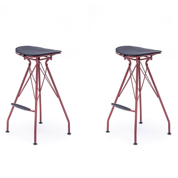 Set of 2 Industrial Counter Height Bar Stools, Welded Metal Frame Bar Stools with Faux Leather Padded Seat & Wood Footrest, Rubber Floor Protectors for Kitchen Bar Cafe
