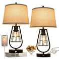thumbnail image 1 of Industrial Table Lamp with USB Port - Touch Control 3-Way Dimmable Bedside Lamp with Metal Cage & Linen Shade - Farmhouse Nightstand Lamp for Living Room - LED Bulb Included, 1 of 7
