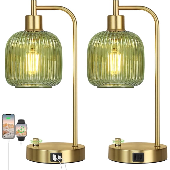Set of 2 Industrial Touch Control Table Lamps with 2 USB Ports and 2 AC Outlets, 3-Way Dimmable Bedside Nightstand Reading Lamps with 2700K LED Bulbs, Glass Desk Lamp for Living Room,Bedroom