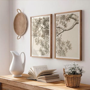 Set of 2 Jacob van Strij Prints, Two Tree Branch Posters, Minimal Botanical Wall Art, Earth Tone Drawing, Brown Ink Wash Artwork Home Decor, Stretched Canvas