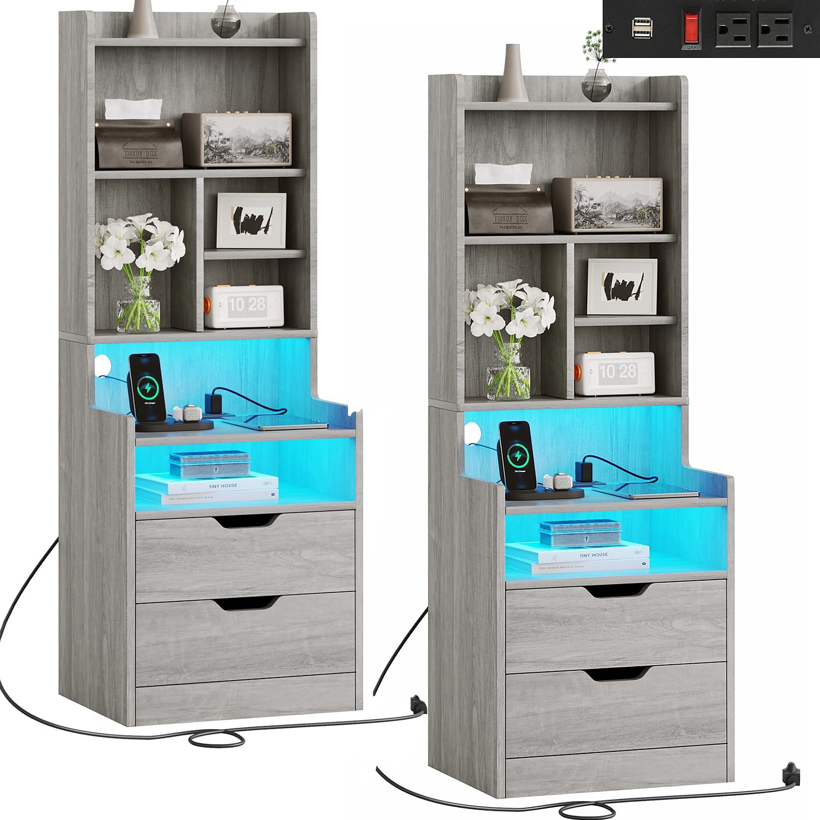Set of 2 LED Nightstand with Charging Station for Bedroom, Gray Night Stand End Side Table with 2 Drawers&LED Lights for Living Room, 2 Outlets and 2 USB Ports