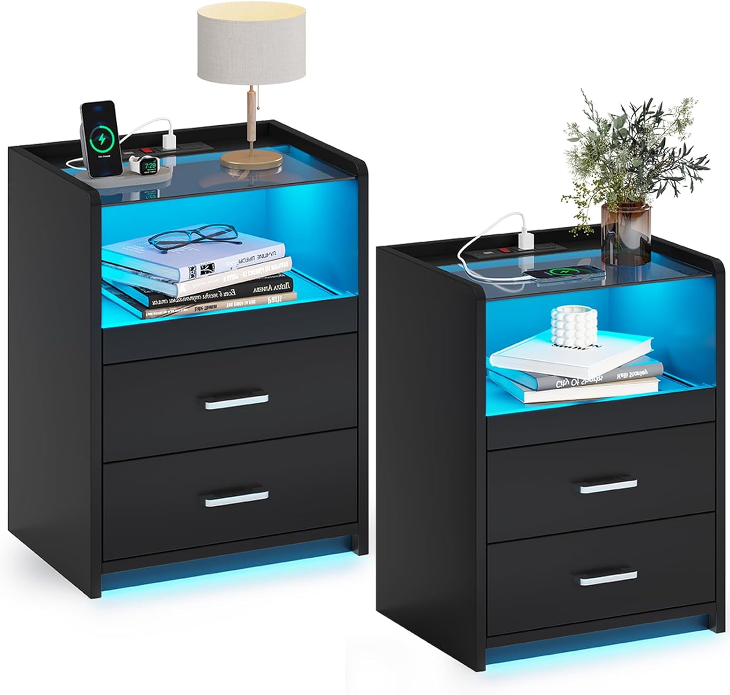 Pair of Modern LED Nightstands with USB Charging Station, 2 Drawers