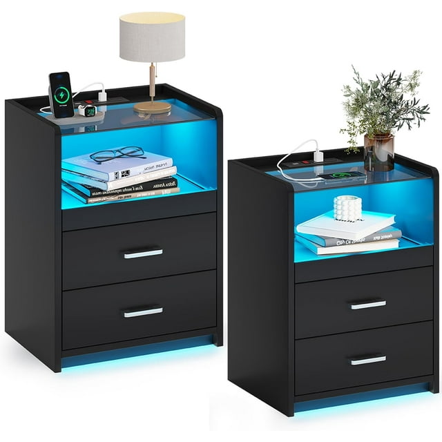 Pair of Modern LED Nightstands with USB Charging Station, 2 Drawers & PullOut Tray, Black