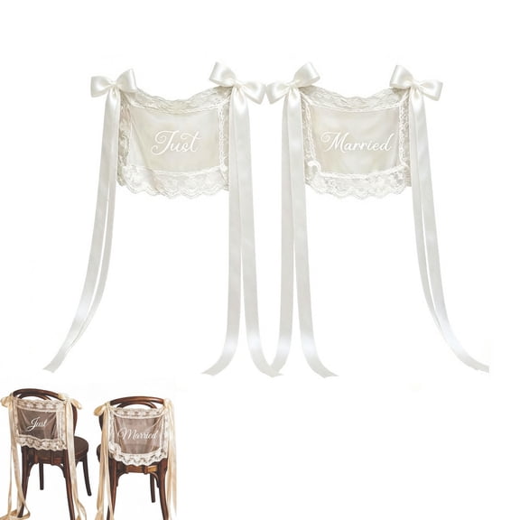 Set of 2 Lace Chair Sashes with Long Ribbon Ties, Just Married Sheer Lace Chair Signs, Bride Groom Chair Back Decor for Wedding Engagement Reception Anniversary Party
