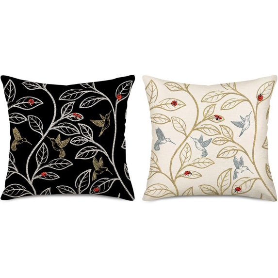 Set of 2 Ladybug Leaf Birds Pillow Covers 18x18 Inch Spring Trees Leaves Hummingbird Throw Pillow Cases Spring Summer Farmhouse Decoration Cushion Cover Cotton Linen, Black White