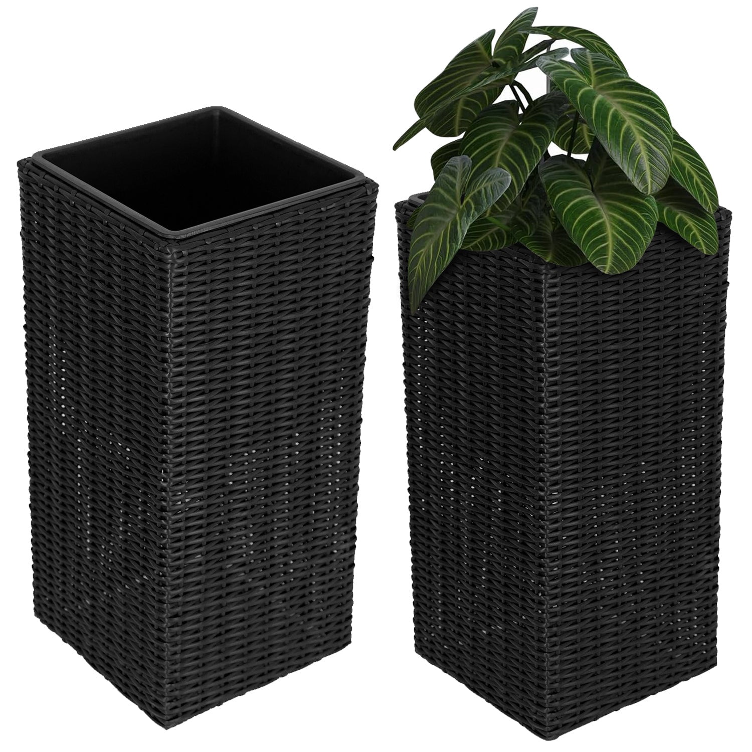 Set of 2 Large 24-Inch Outdoor Planters, Black Tall Plastic Flower Pots with Drainage Holes, Modern Tapered Garden Planter for Porch Patio Balcony Backyard