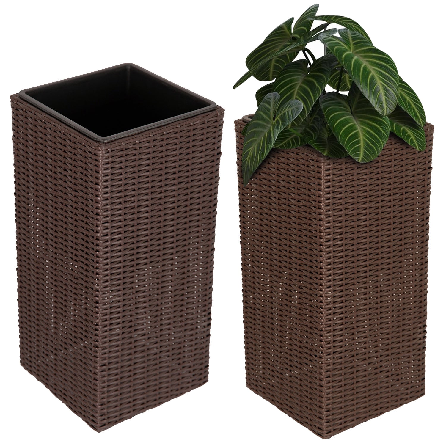 Set of 2 Large 24-Inch Outdoor Planters, Brown Tall Plastic Flower Pots with Drainage Holes, Modern Tapered Garden Planter for Porch Patio Balcony Backyard