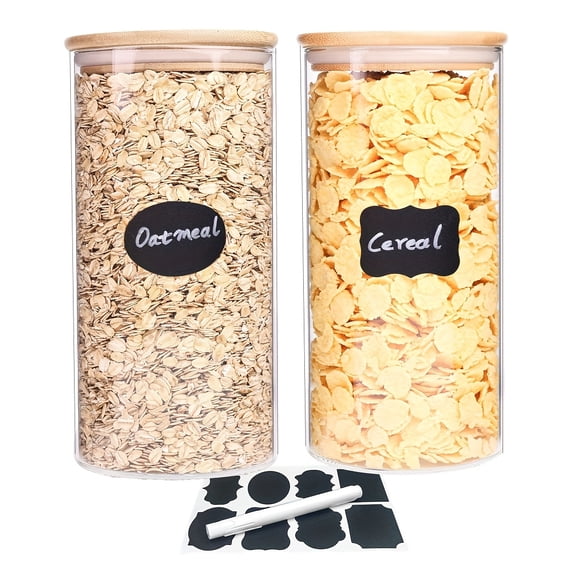 Set of 2 Large 44oz Glass Jars with Airtight Bamboo Snap-Fit Lids, Heavy-Duty Pantry Storage Containers for Dry Goods, Cereal, Flour, Sugar, Coffee, BPA-Free Reusable Round Canisters