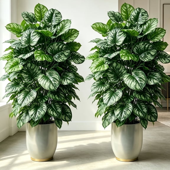 Set of 2 Large Artificial Variegated Marble Pothos Plants, Lifelike Faux Big Leaf Floor Greenery, No Pot Included, Zero Maintenance Fake Indoor Plant for Living Room Office Decor