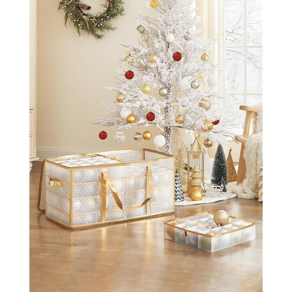 Set of 2 Large Christmas Ornament Storage Boxes, 16 Trays, Hold 256 Balls up to 3-Inch, Plastic Christmas Storage Containers with Lids, Dual Zippers, Side Handles Sandy Gold URFB029A07