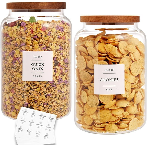 Set of 2 Large Glass Flour and Sugar Containers with 132 Pantry Labels - Glass Food Storage Jars with Airtight Bamboo Lid for Flour Pasta Candy Coffee Cookie and More(1 Gallon/4000 ml)