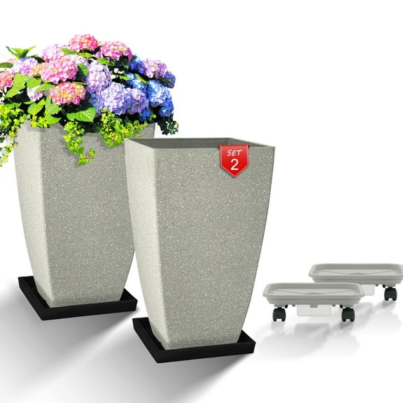 FIASON 2 Pack 21 Inch Matte Grey Large Plastic Square-mouthed Planter with Curved Edges,Include 2 BlackTrays and 2 Gray Rolling Trays for Patio, Front Door