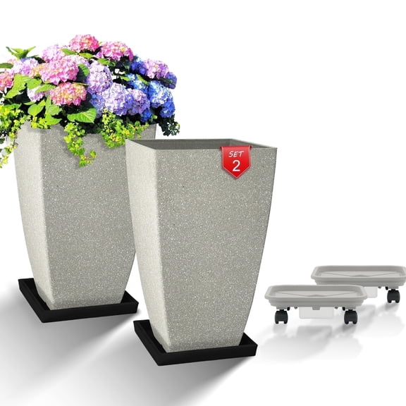 FIASON 2 Pack 21 Inch Matte Grey Large Plastic Square-mouthed Planter with Curved Edges,Include 2 BlackTrays and 2 Gray Rolling Trays for Patio, Front Door