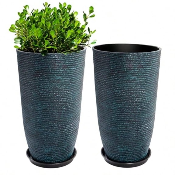 Set of 2 Large Tall Blue Planters with Saucer - 9 Gallon 12 Diameter x 21 H Faux Stone Round Pots for Indoor Plants Outdoor Patio Porch Decor Heavy Duty Weatherproof Plant Containers