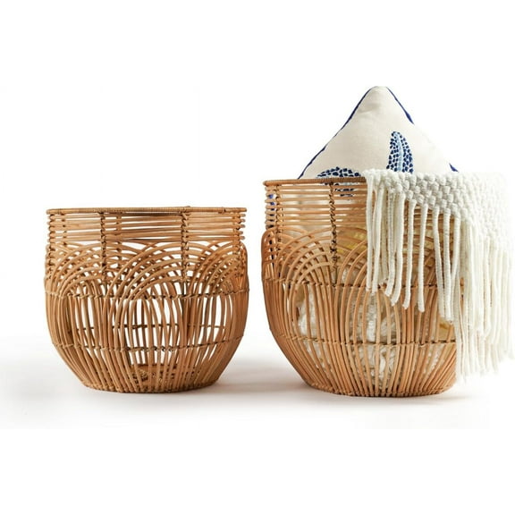 Set Of 2 Large Woven Blanket Baskets | Round Wicker Rattan Storage Floor Baskets for Shoe In Living Room | Extra Big Boho Rattan Laundry For Pillow, Blanket, Clothes