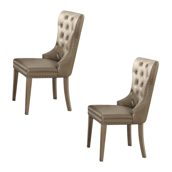 Set of 2 Leather & Champagne Finish Side Chair, Mid Century Kitchen Chairs, Upholstered Accent Chairs, Wooden Desk Chairs for Kitchen Dining Room (Champagne)
