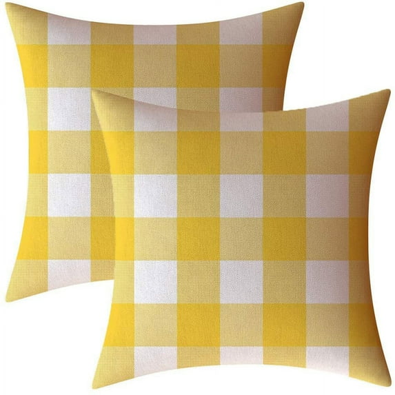 Set of 2 Lemon Yellow and White Farmhouse Buffalo Check Plaid Throw Pillow Covers Decorative Indoor Outdoor Cushion Cover Polyester Linen for Summer Home Decor,16 x 16 Inches