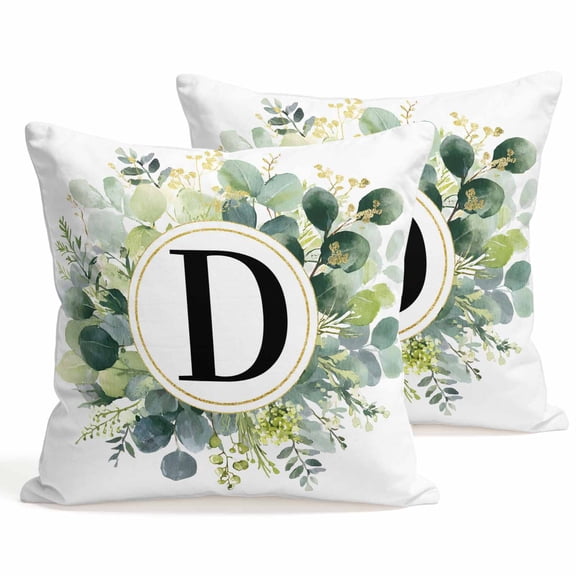 Set of 2 Letter D Pillow Covers 16x16 Inch, Alphabet Green Eucalyptus Leaves Plant Simple Decorative Throw Pillow Cases Cotton Cushion Covers for Sofa Couch Bed Living Room Bedroom Home Decor