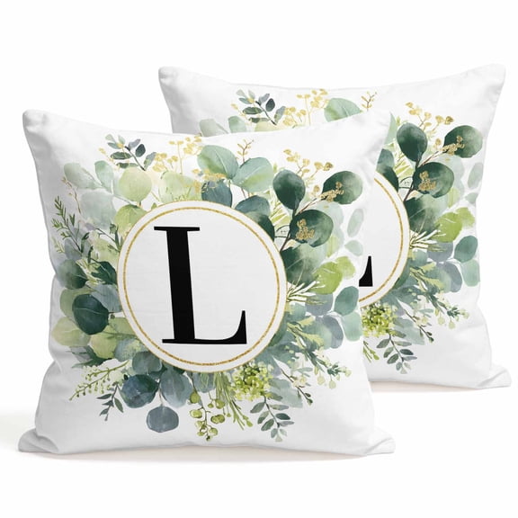 Set of 2 Letter L Pillow Covers 16x16 Inch, Alphabet Green Eucalyptus Leaves Plant Simple Decorative Throw Pillow Cases Cotton Cushion Covers for Sofa Couch Bed Living Room Bedroom Home Decor
