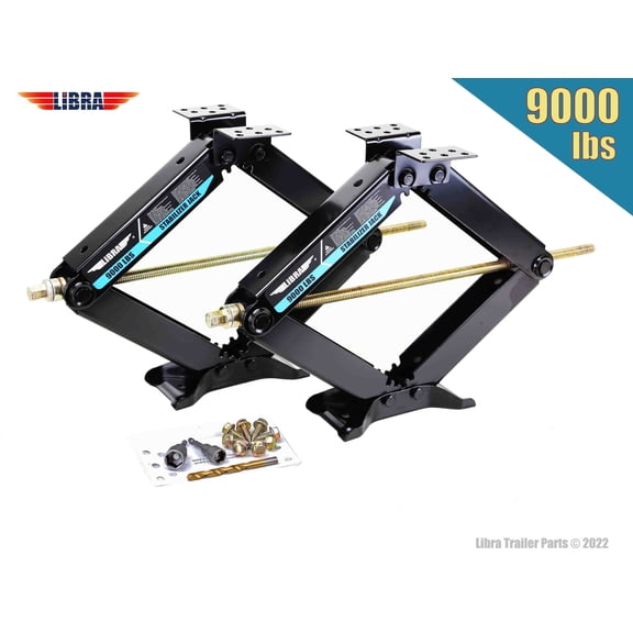 Set 2 Libra 9000 lb Heavy Duty 24" RV Trailer Stabilizer Leveling Scissor Jacks W/Dual Power Drill Sockets & Complete Installation Kit