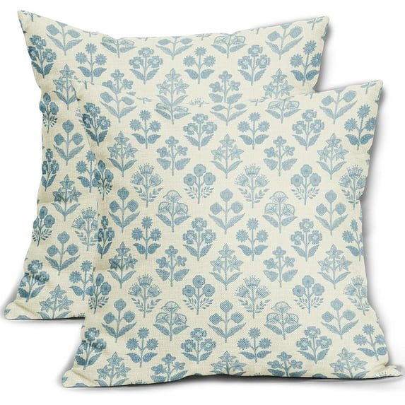 Set of 2 Light Blue Block Print Pillow Covers 18x18 Inch, Vintage Floral Spring Decorative Throw Pillow Cases Boho Rustic Cushion Covers for Farmhouse Sofa Couch Bed Decor