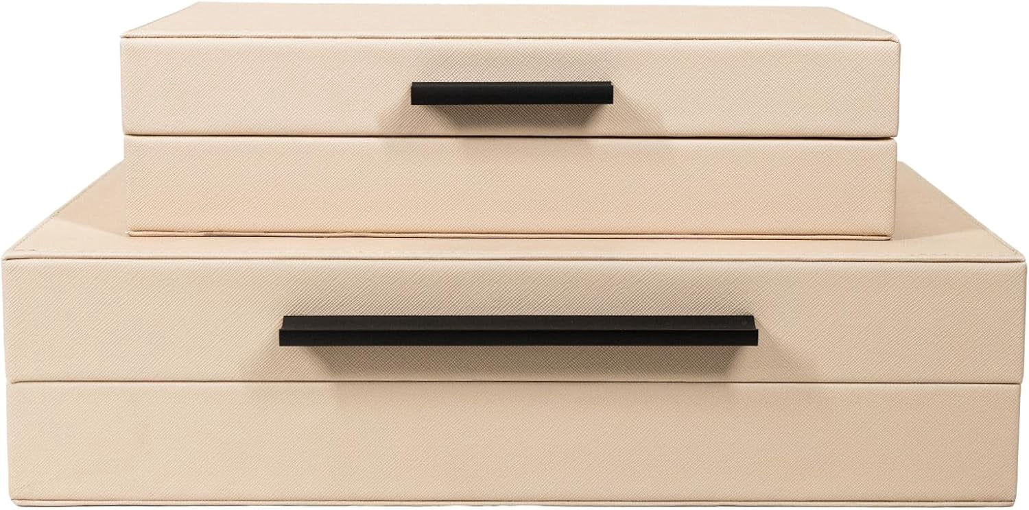 Set of 2 Light Pink Shagreen Decorative Boxes with Black Metal Handles, Faux Leather Nesting Decor Storage Boxes with Lid, Modern Keepsake Box, Stacking Jewelry Memory and Photo Box for Home Decor