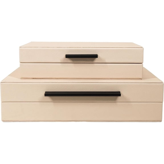 Set of 2 Light Pink Shagreen Decorative Boxes with Black Metal Handles, Faux Leather Nesting Decor Storage Boxes with Lid, Modern Keepsake Box, Stacking Jewelry Memory and Photo Box for Home Decor