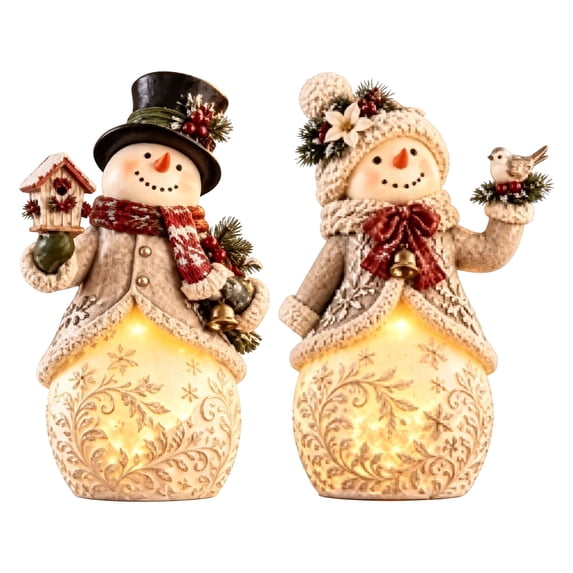 Set of 2 Light Up Snowman Figurine Christmas Tabletop Decor, Warm LED Glow, Carved Snowflake Design, Resin Winter Snowman Statue for Mantel Shelf Indoor Holiday Decoration & Christmas Gift