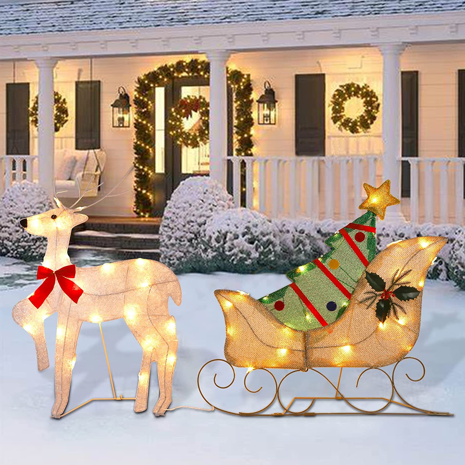 Set of 2 Lighted Christmas 2D Reindeers Outdoor Decorations, 23 Inch
