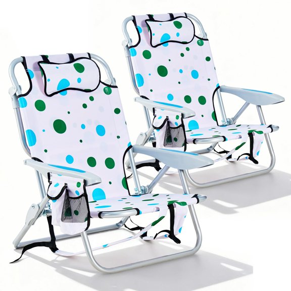 Set of 2 Lightweight Portable Beach Chairs for Adults, Outdoor Heavy Duty Foldable Chairs with 180° Lay Flat 5 Positions, Backpack Beach Chair w/ Towel Bar, Zipper Pouch and Cup Holder, Patio