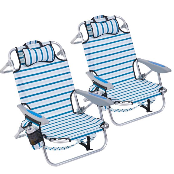 Set of 2 Lightweight Portable Beach Chairs for Adults, Outdoor Heavy Duty Foldable Chairs with 180° Lay Flat 5 Positions, Backpack Beach Chair w/ Towel Bar, Zipper Pouch and Cup Holder, Patio