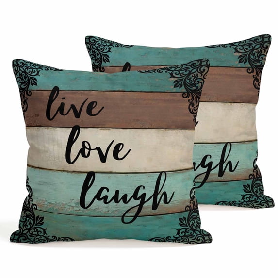 Set of 2 Live Love Laugh Pillow Covers 20x20 Inch, Vintage Floral Texture Brown Teal Wood Grain Decorative Throw Pillow Cases Cotton Cushion Covers for Sofa Couch Bed Living Room Bedroom Home Decor